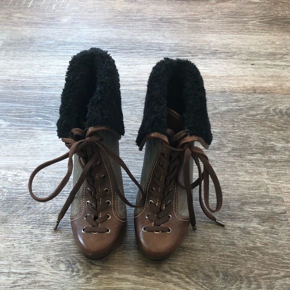 BCBGMAXAZRIA leather lug sole lace up stiletto booties faux fur trim - Picture 1 of 9